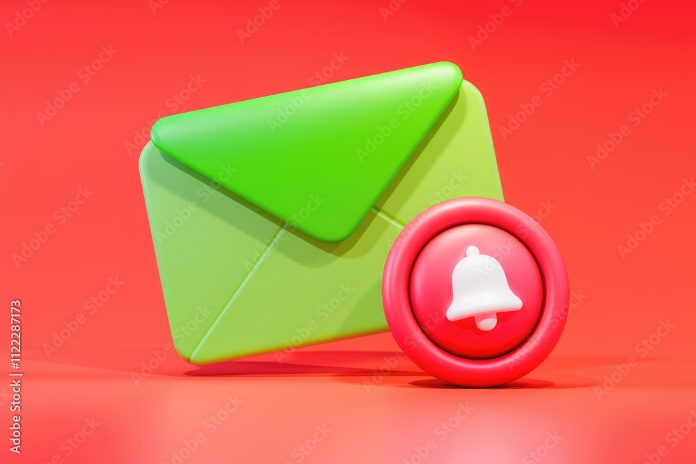 Leinwandbilder A 3D render of a green email envelope with a red notification bell icon indicating a new message.