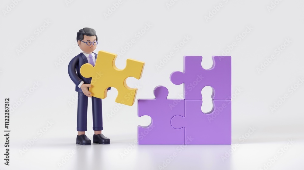 Poster a 3d cartoon businessman fits a yellow puzzle piece into a purple structure, symbolizing problem-sol