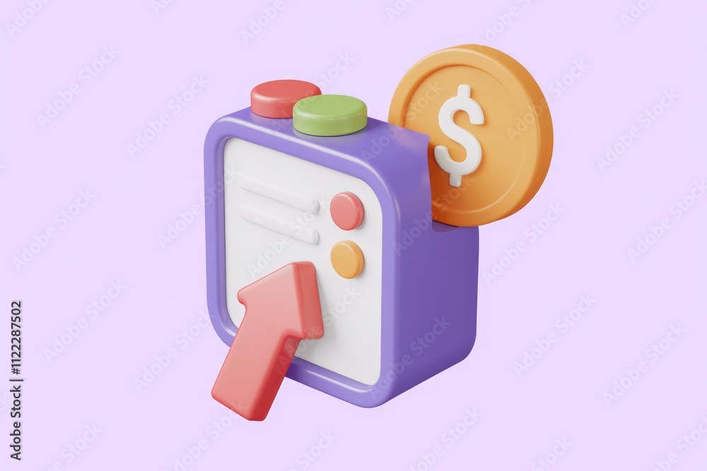 Poster 3d render of an upward arrow pointing to a digital interface with a coin, symbolizing financial grow