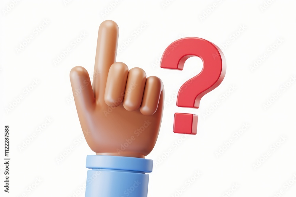Poster cartoon hand pointing at a large question mark, signifying inquiry or uncertainty.