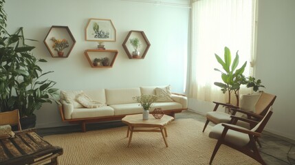 Bright living room with mid-century modern furniture, plants, and hexagonal shelves.