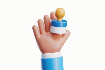 A cartoon hand in a blue sleeve holds a small, colorful stamp.