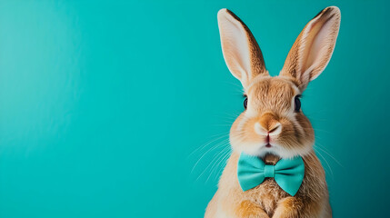 Obraz premium Sophisticated rabbit wearing a teal bow tie against a vibrant teal background, perfect for luxury branding, modern product packaging, or upscale event invitations