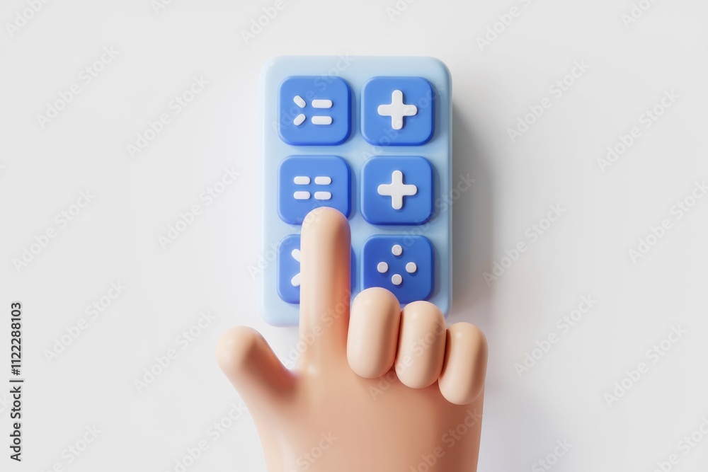 Poster cartoon hand pressing buttons on a blue calculator-like interface.