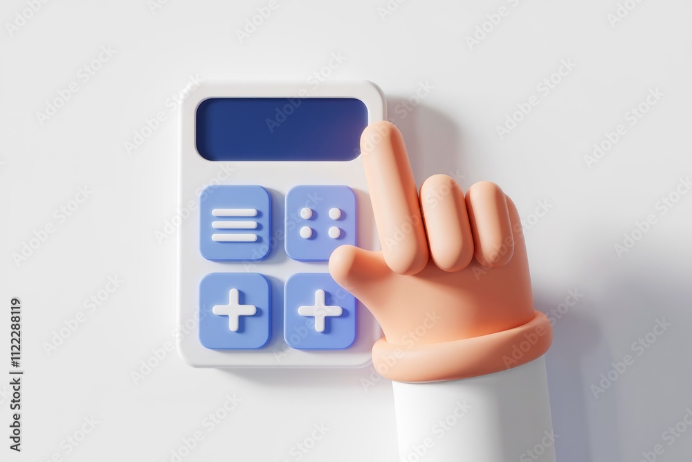 Poster A 3D rendered image of a hand interacting with a calculator app interface.