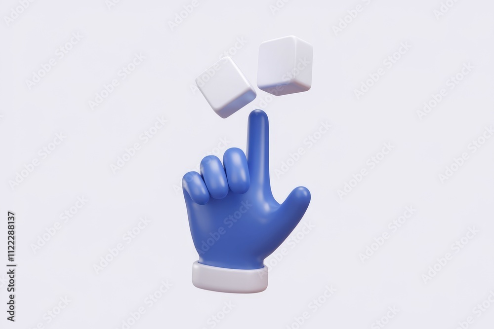 Poster a 3d render of a blue hand cursor juggling two white cubes, symbolizing choices or options.