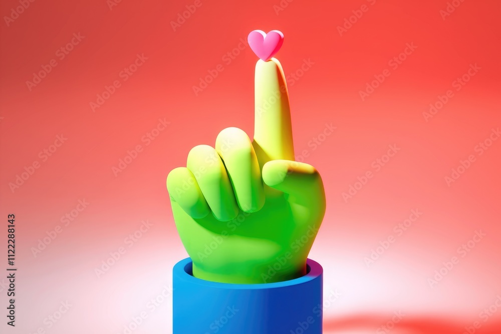 Aufkleber a vibrant 3d rendering of a lime green hand holding a small pink heart on its index finger.