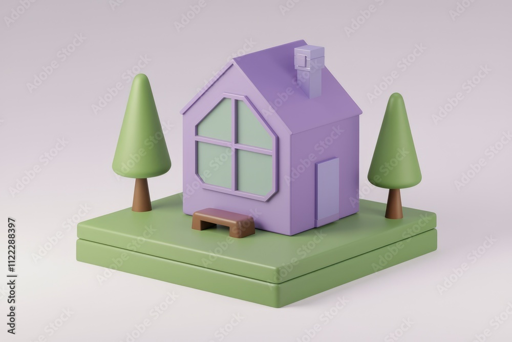 Aufkleber A charming 3D rendering of a purple house with trees and a bench, idyllic and peaceful.