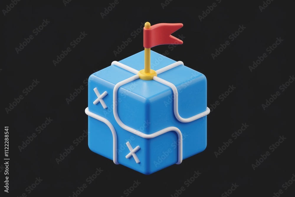 Aufkleber a 3d rendered blue cube with a flag, resembling a treasure map or package.