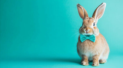 Fototapeta premium Sophisticated rabbit wearing a teal bow tie against a vibrant teal background, perfect for luxury branding, modern product packaging, or upscale event invitations