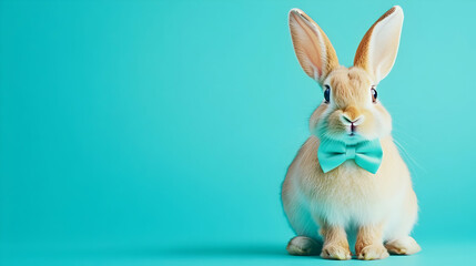 Obraz premium Sophisticated rabbit wearing a teal bow tie against a vibrant teal background, perfect for luxury branding, modern product packaging, or upscale event invitations