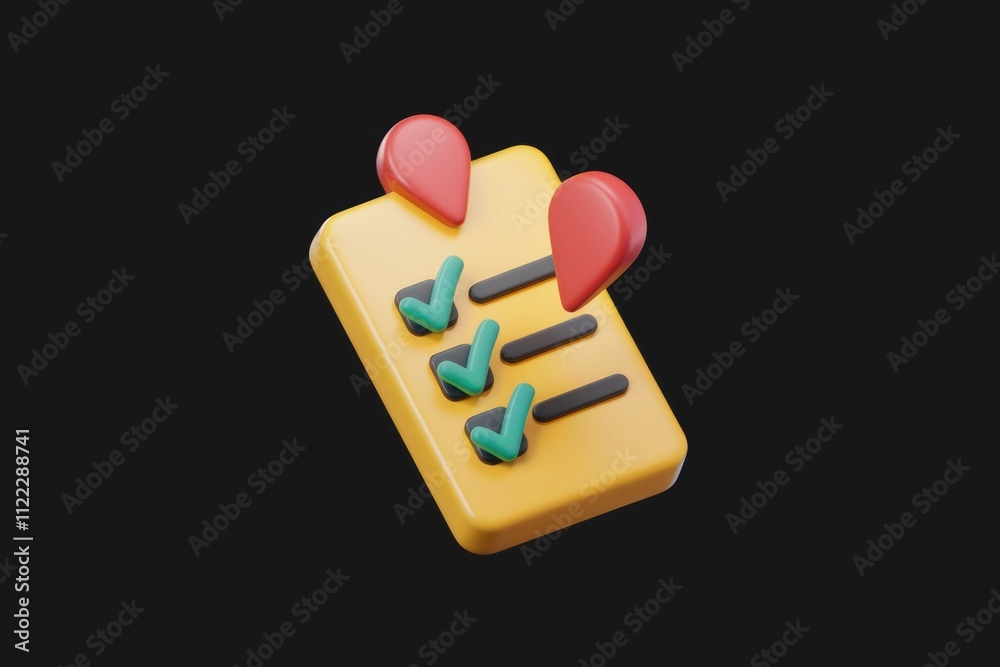 Poster 3D render of a checklist with location markers, signifying completed tasks or itinerary.