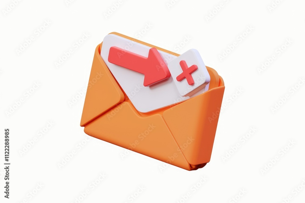 Poster 3D render of an orange envelope with a red arrow and a plus sign indicating email forwarding.