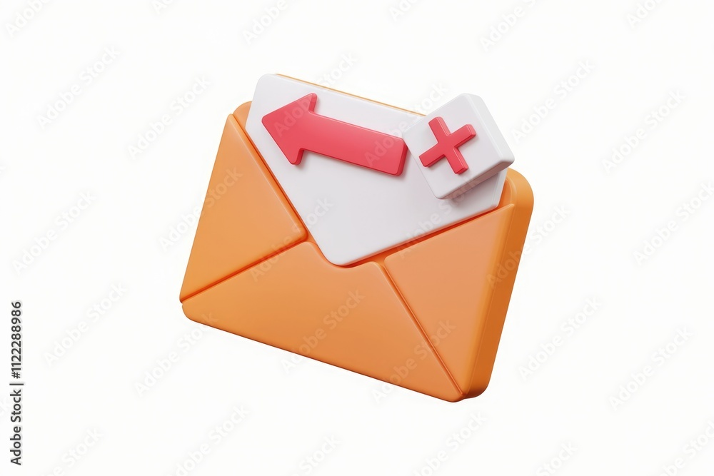 Poster 3D render of an email with a red left arrow and plus sign, indicating forwarding and adding recipients.