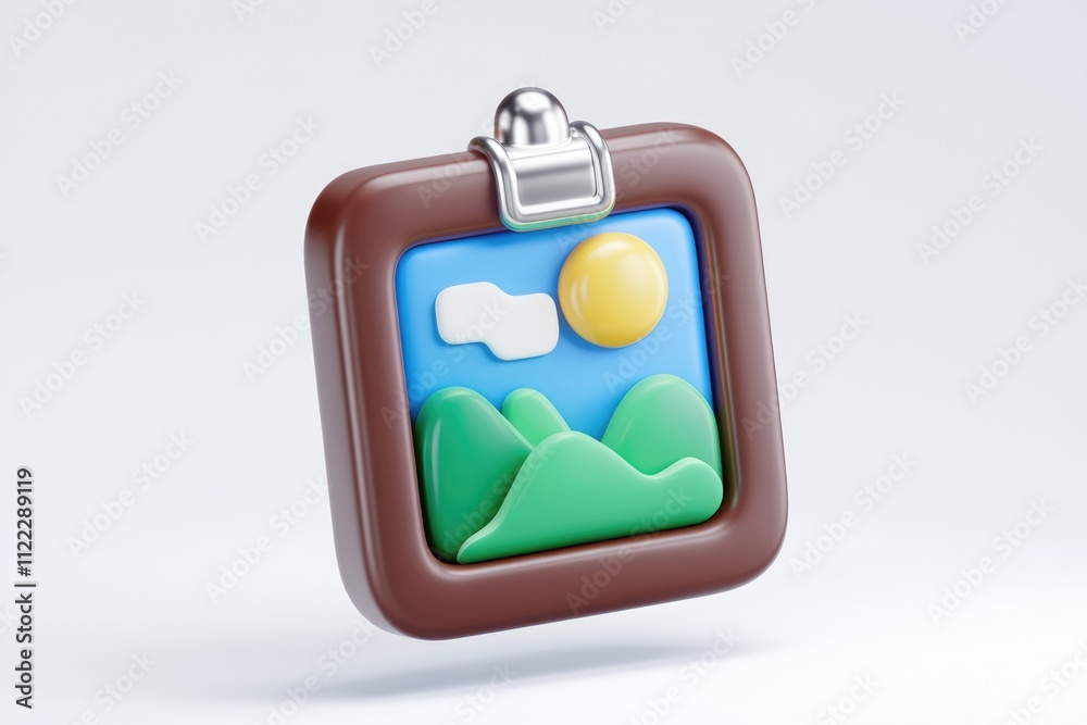 Poster a 3d rendered image of a brown picture frame containing a simple landscape illustration of hills, su