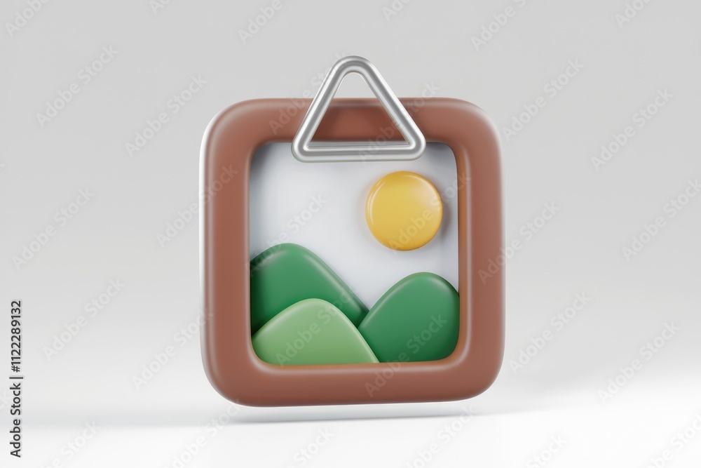 Poster 3d rendered image of a picture frame displaying a sun and green hills.