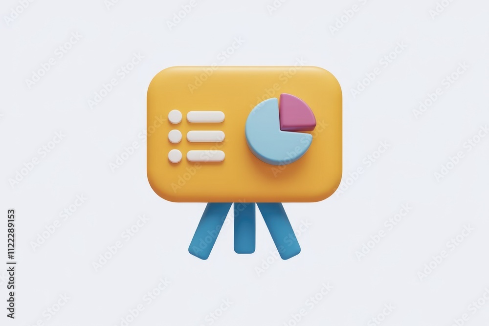 Aufkleber 3D rendering of a yellow presentation board with a pie chart and list.