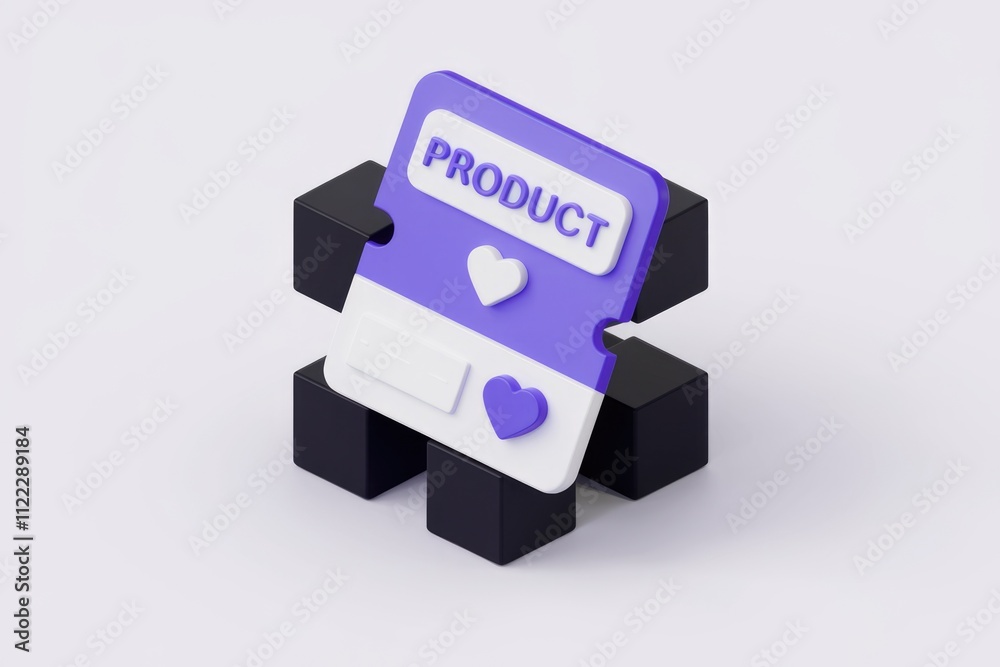 Poster 3d render of a product card with hearts, signifying favorite products or customer loyalty.