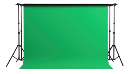 "A green screen studio, ready for creativity, isolated on a transparent PNG or white background."