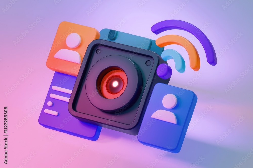 Aufkleber A 3D illustration of a camera connected to user profiles and wifi, showcasing online connectivity and user data.