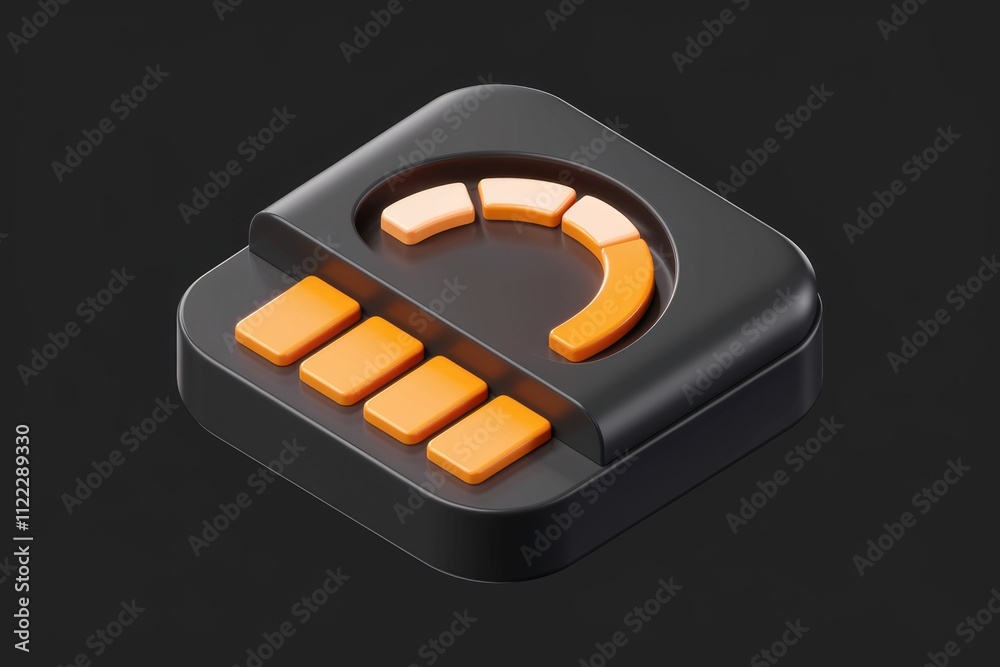 Poster 3D render of a black square device with orange buttons and a circular progress indicator.
