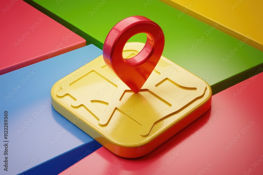 Poster A 3D rendering of a red location pin on a yellow map, symbolizing location services or navigation.