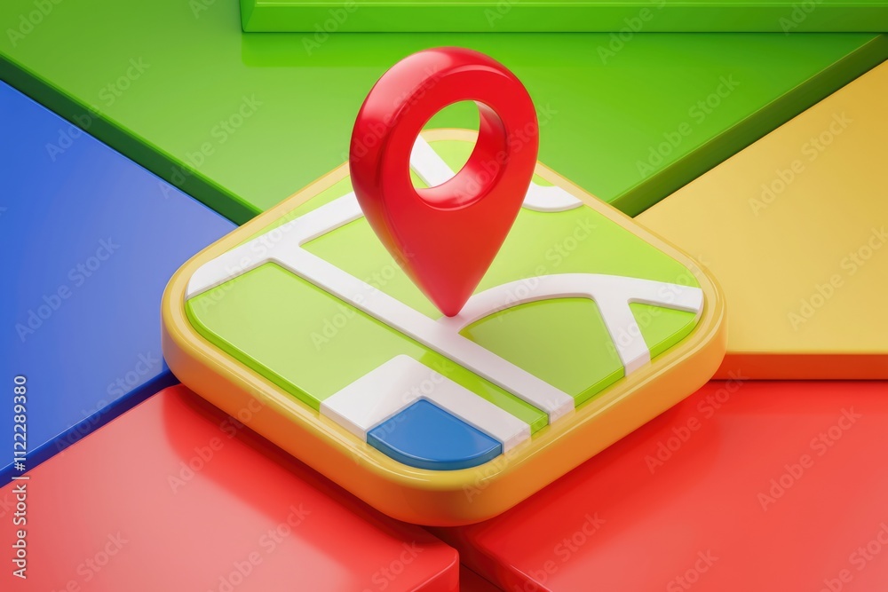 Poster A 3D illustration of a red location pin on a simplified map, symbolizing navigation and location services.
