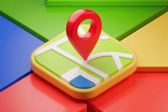 A 3D illustration of a red location pin on a simplified map, symbolizing navigation and location services.