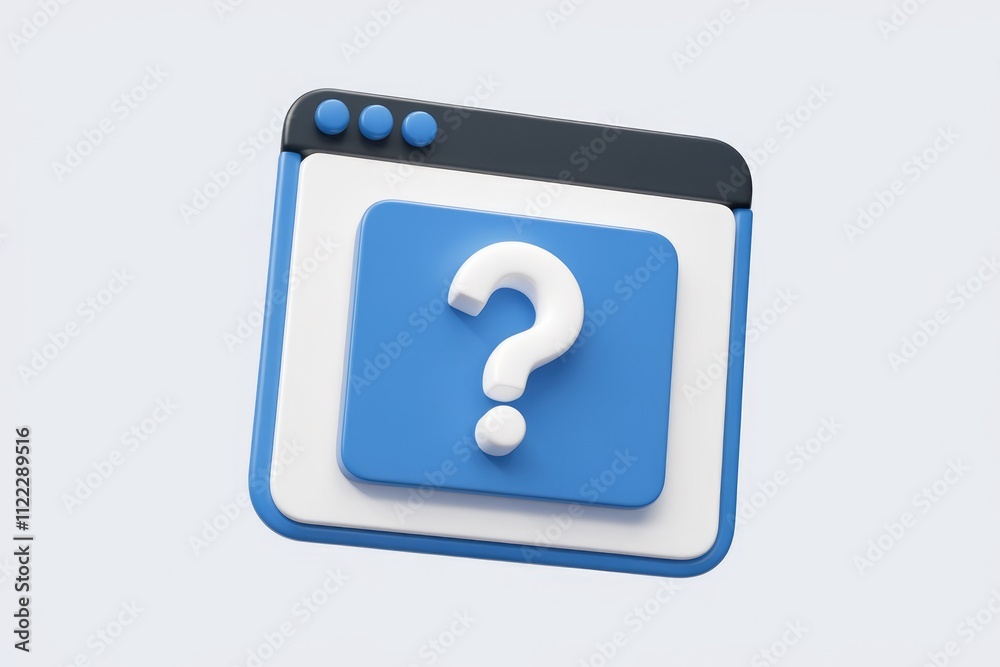 Poster 3D render of a question mark in a blue web browser window, symbolizing online help or FAQ.