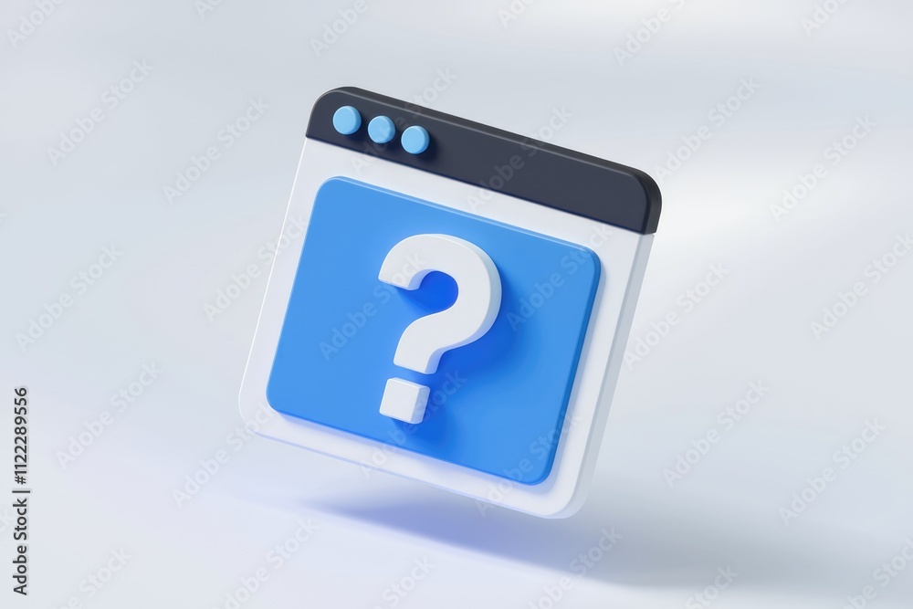 Poster A 3D rendered question mark displayed on a blue screen within a browser window.