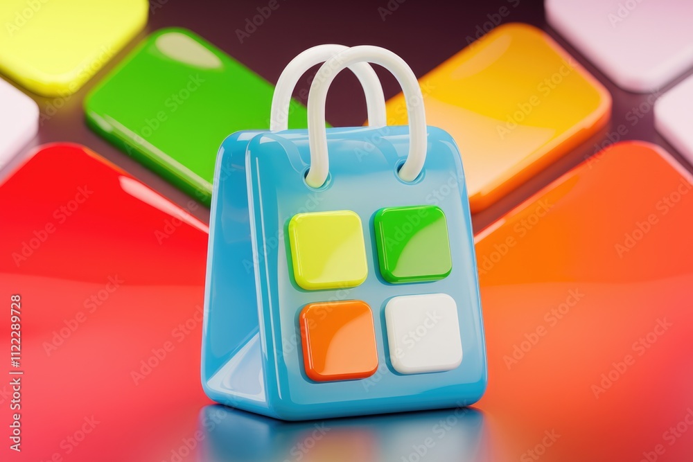 Poster A colorful 3D rendering of a shopping bag icon with multicolored squares.