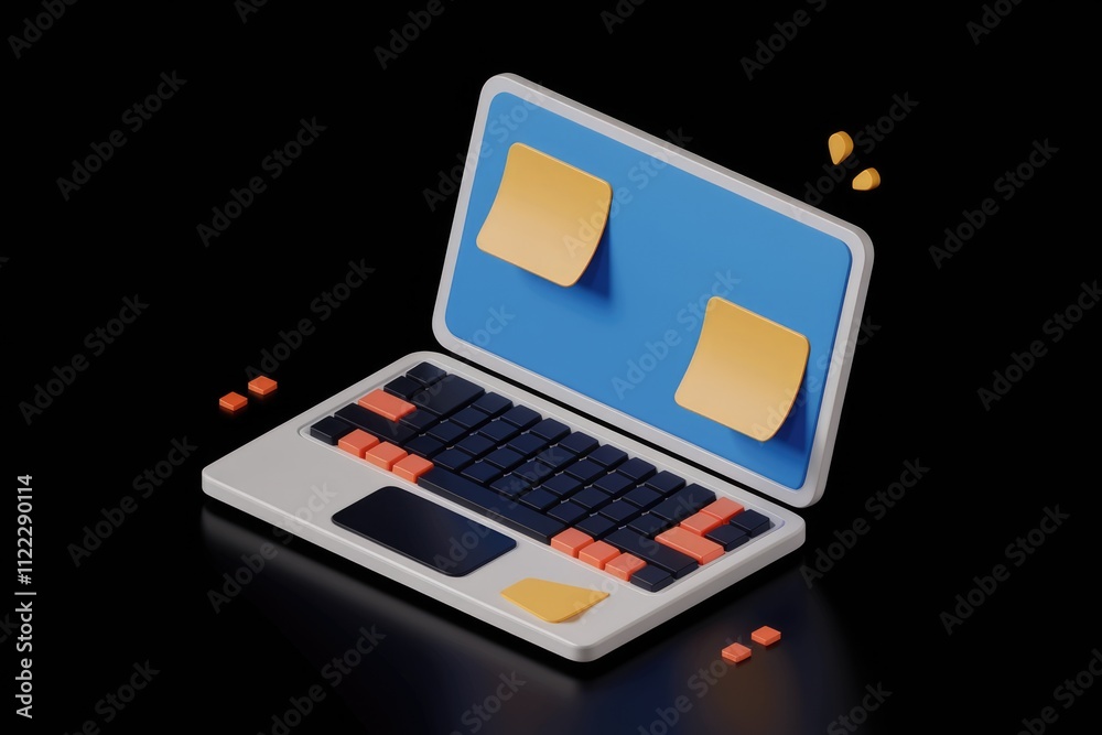 Leinwandbilder A 3D render of a laptop with sticky notes, illustrating task management and organization.