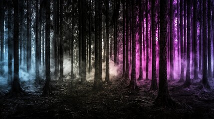 Fototapeta premium Eerie, colorful fog in a dark forest.