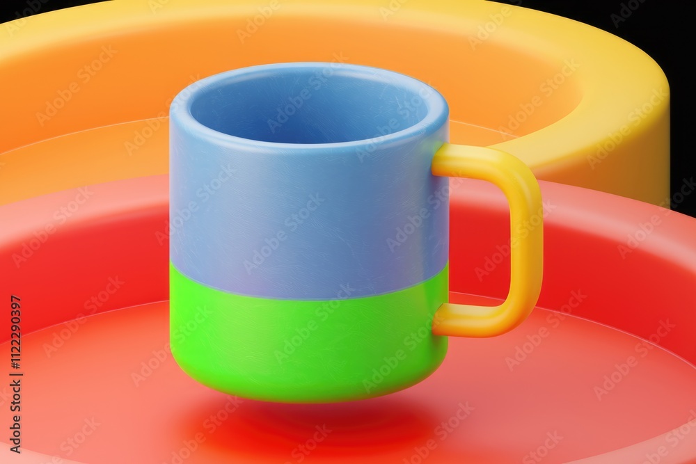 Poster a vibrant, colorful mug with blue and green sections rests on a set of nested bowls in orange and re