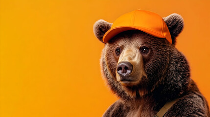 Playful bear wearing a bright orange cap against a vibrant orange background, a bold choice for outdoor adventure campaigns, sports branding, energy product or tools promotions