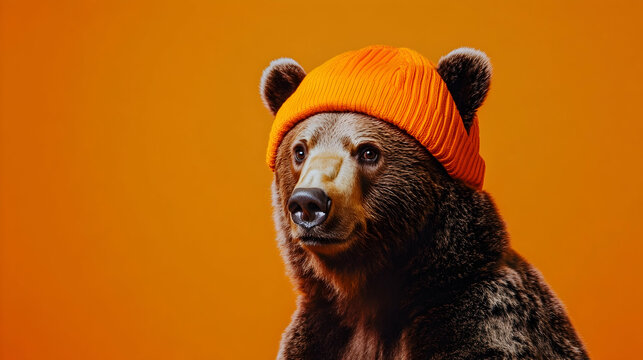 Playful bear wearing a bright orange cap against a vibrant orange background, a bold choice for outdoor adventure campaigns, sports branding, energy product or tools promotions