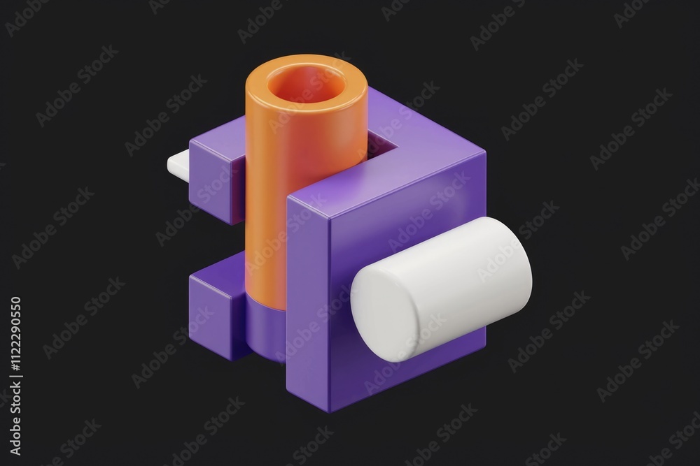 Poster abstract 3d rendering of interconnected orange, purple, and white geometric shapes.