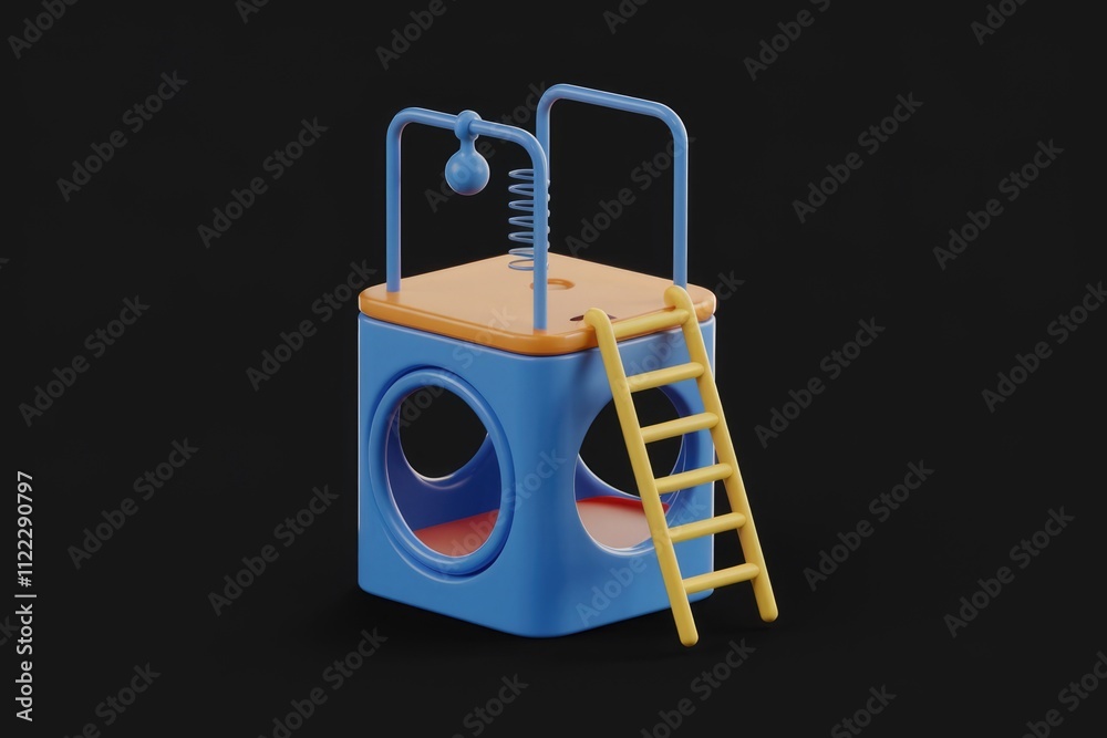 Poster a 3d render of a blue and orange children's play structure with a ladder and a swinging ball.