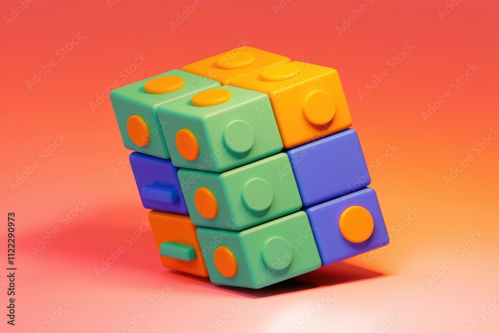 Poster A colorful 3D rendering of interlocking blocks, resembling a playful, abstract puzzle.