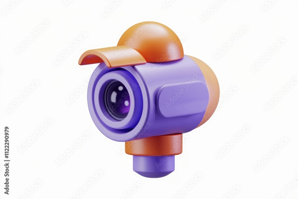 Poster a stylized 3d rendering of a vibrant purple and orange camera.