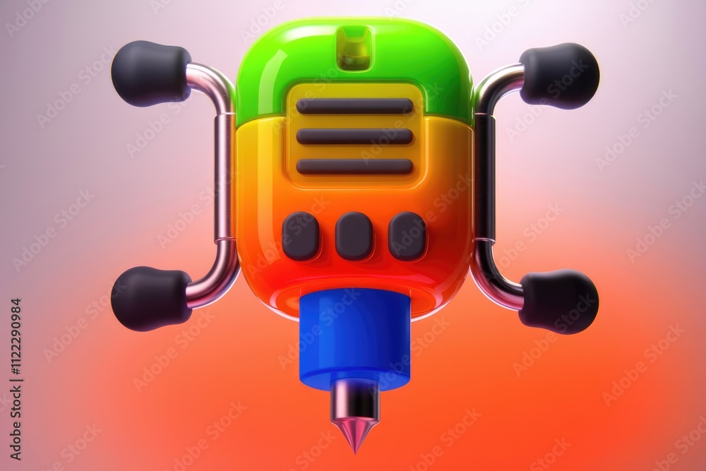 Poster a vibrant, colorful, futuristic device with a pointed tip, possibly a tool or gadget.