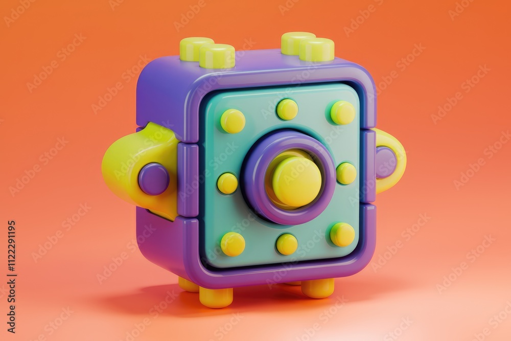 Aufkleber A colorful 3D render of a toy block resembling a futuristic safe or device.