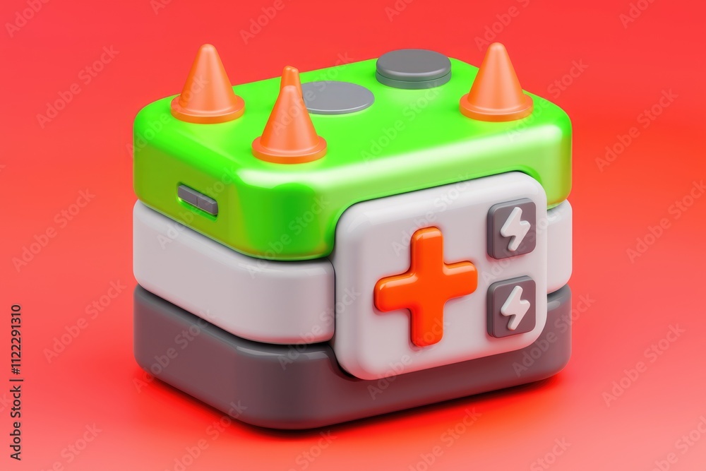 Poster a vibrant, layered 3d model of a stylized game controller with orange accents and plus, lightning bo