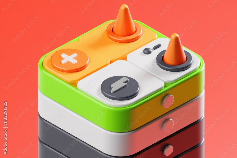 Poster a colorful, layered 3d model of a control panel with plus, minus, and lightning bolt buttons, and or