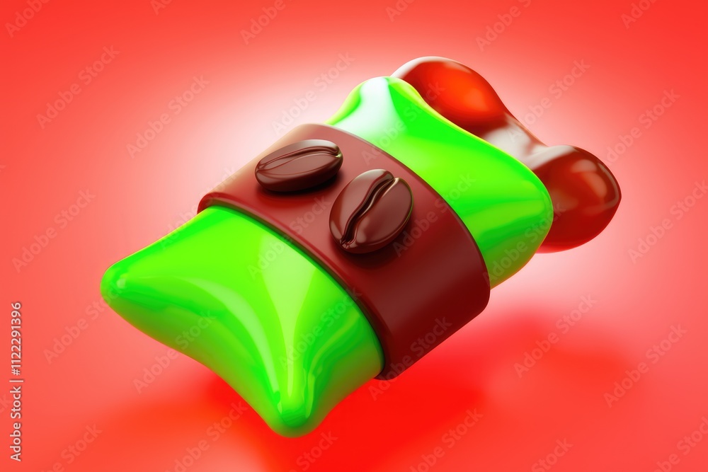 Poster a 3d render of a green and brown pillow-shaped object with coffee beans, suggesting a playful coffee