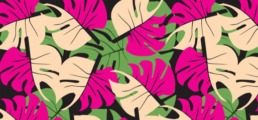 exotic hand drawn monstera leaves,flower seamless pattern