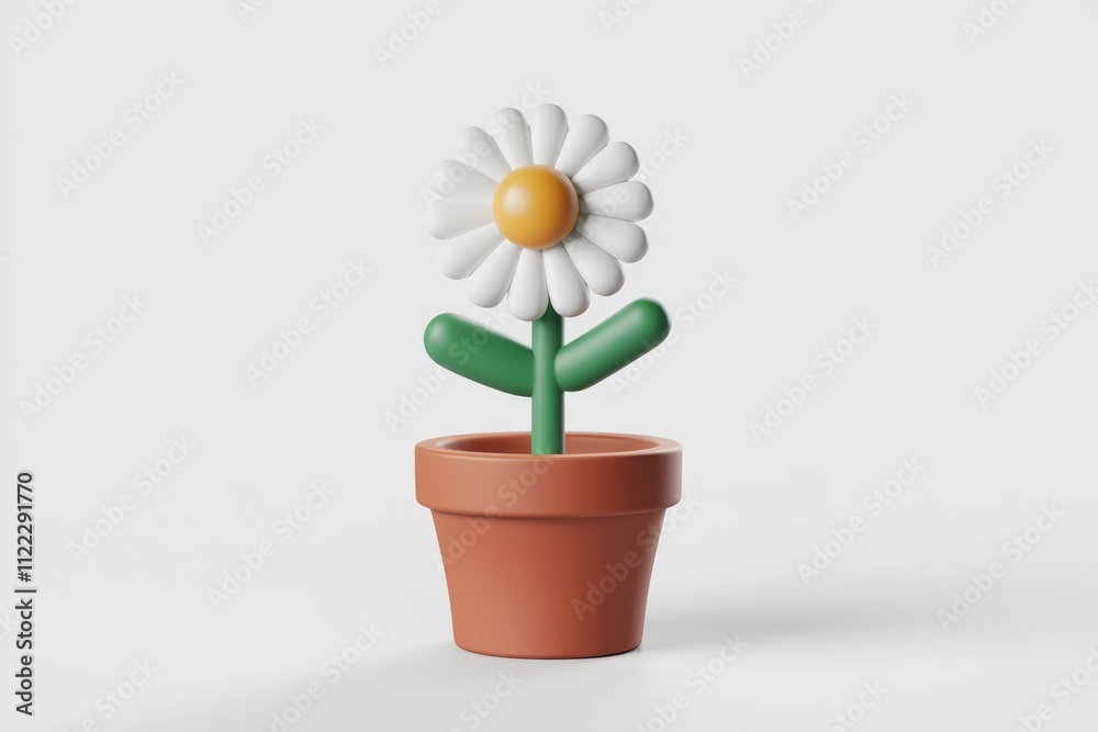 Poster a stylized 3d render of a daisy in a terracotta pot, simple and cheerful.