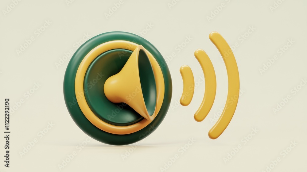 Poster A 3D rendering of a stylized speaker emitting sound waves, representing audio broadcast or notification.