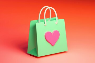 A light green shopping bag with a pink heart, symbolizing love and gifting.