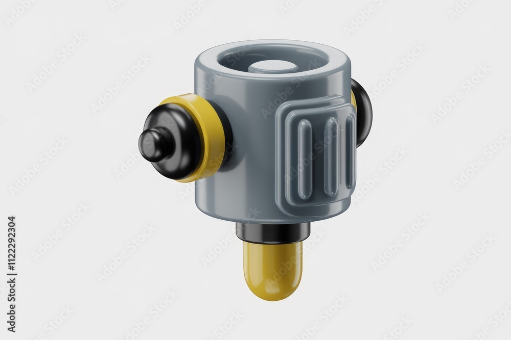 Poster a 3d rendered model of a stylized, futuristic robot or device with gray, black, and yellow component